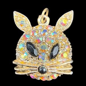 Gold Cat Pendant Charm with Aurora Borealis Iridescent Crystals